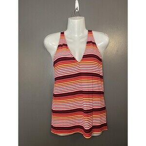 Express Shirt Womens Large Red Orange Stripe Ribbed V Neck Tank Top Summer
